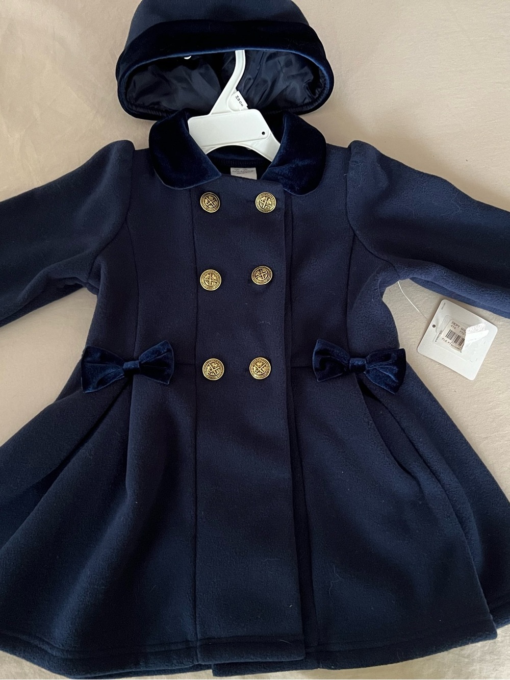 Starting Out Girls' Navy Double-Breasted Pea Coat with Velvet Bows